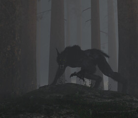 Illustration of a Werewolf or Dogman cryptid on a rock in a foggy forest