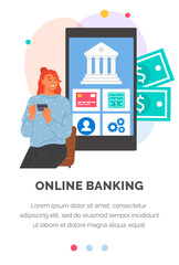 Wall Mural - online banking application on phone screen. woman uses program for virtual payment and operations wi