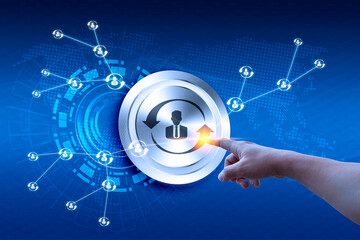 Wall Mural - businessman hand using social network interface and glowing human resource