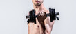 © Yevhen - Man holding dumbbell in hand. Skinny guy hold dumbbells up in hands. Weak man lift a weight, dumbbells, biceps, muscle, fitness. Nerd maleraising a dumbbell