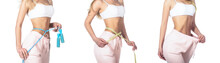Weight Loss Concept. Slim Girl With Centimeter. Closeup Woman Measuring Her Waist With Tape. Slim Woman's Body. Woman Shows Weight Loss. Slim Body, Jump Rope. Girl A Jump Rope In Hands. Slim Girl