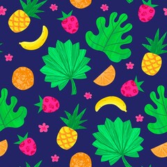 Wall Mural - Tropical exotic seamless pattern with green leaaves, fruits.