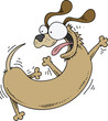 A happy, brown cartoon dog spinning around quickly in a circle while chasing its tail.