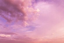 Pink Purple Violet Cloudy Sky. Beautiful Soft Gentle Sunrise, Sunset With Cirrus Clouds Background Texture