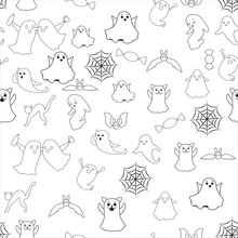 A Seamless Haunted Pattern. Black And White Ghosts In The Style Of Doodles.