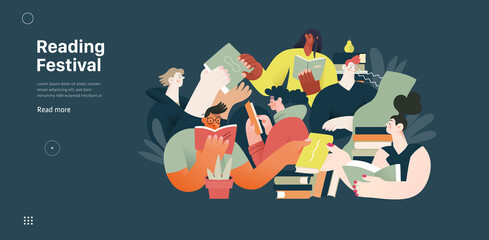 Books graphics -book week events. Modern flat vector concept illustrations of reading people - a group of men and women reading and sharing books and e-books on tablets sitting surrounded by plants