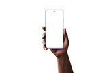 Fototapeta  - Dark skin women hand holding smart phone with isolated screen for app design presentation
