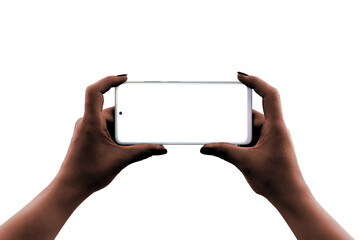 Aufkleber - Phone in woman hands horizontal. Isolated background and display for mockup, app presentation. Dark skin