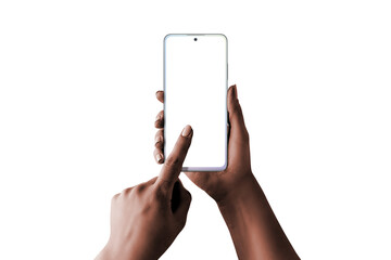 Aufkleber - Modern white perla smart phone in woman hands. Low light, dark skin, isolated in white. Isolated screen for mockup