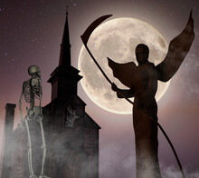 Angel Of Death In Front Of A Church With A Skeleton - Spooky Night Background With Moon