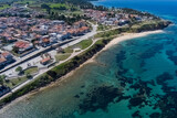 Fototapeta Na drzwi - Aerial view of  beach of village Nea Fokea in peninsula Kassandra Chalkidiki Greece