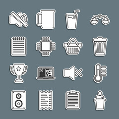 Canvas Print - Set line Speaker, Thermometer, Trash can, Glass with water, Processor CPU, Notebook, mute and Shopping basket icon. Vector