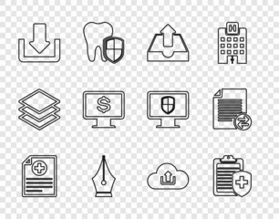 Sticker - Set line Clinical record, Clipboard with medical insurance, Upload inbox, Fountain pen nib, Download, Monitor dollar, Cloud upload and Transfer files icon. Vector