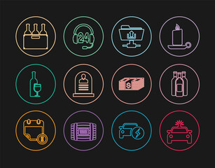 Sticker - Set line Police car and flasher, Bottles of wine, FTP folder upload, Tombstone with RIP written, Wine bottle glass, box, Paper money dollars cash and Headphone for support icon. Vector