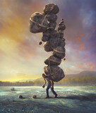 Fototapeta  - Man carrying heavy rocks