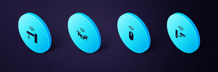 Sticker - Set Isometric Smart security camera, Wireless mouse, drone and water tap icon. Vector