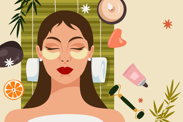 Wall Mural - Beautiful woman in a spa salon. Cosmetic procedures and care. Vector cartoon illustration. Beautiful face.