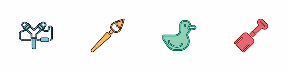 Poster - Set Slingshot, Paint brush, Rubber duck and Shovel toy icon. Vector