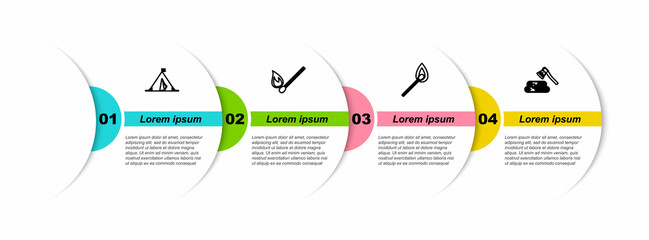 Sticker - Set line Tourist tent with flag, Burning match fire, and Wooden axe and wood. Business infographic template. Vector