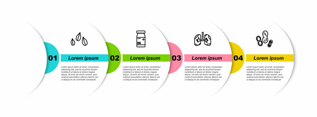 Poster - Set line Sesame seeds, Medicine bottle and pills, Lungs and Peanut. Business infographic template. Vector