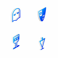 Sticker - Set Isometric line Shield, Executioner mask, Medieval goblet and flag icon. Vector