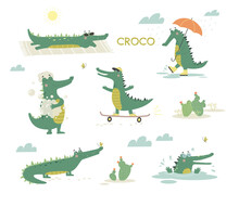 Cute Crocodiles In Different Situations Set. Alligator Rides Skateboard, Washes In Bathroom, Walks With Umbrella And Sunbathes On Beach.. Cartoon Flat Vector Collection Isolated On White Background