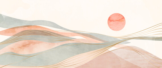 abstract vector watercolor banner with mountains, hills and sun. landscape art background with golde
