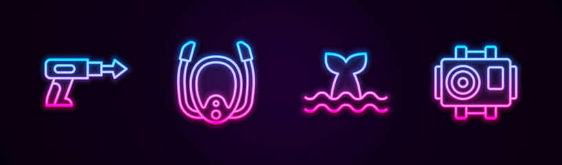 Set line Fishing harpoon, Diving mask with snorkel, Whale tail and Photo camera for diver. Glowing neon icon. Vector