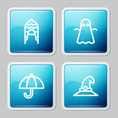 Sticker - Set line Winter hat, Ghost, Umbrella and Witch icon. Vector