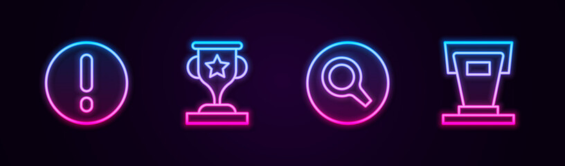 Sticker - Set line Speech bubble and Exclamation, Award cup, Magnifying glass and Stage stand. Glowing neon icon. Vector