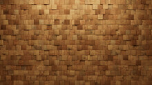 Timber, Soft Sheen Mosaic Tiles Arranged In The Shape Of A Wall. Square, 3D, Blocks Stacked To Create A Wood Block Background. 3D Render