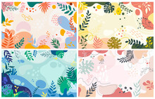 Set Background With Beautiful.background For Design. Colorful Background With Tropical Plants. Place For Your Text.
