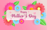 Fototapeta Paryż - Mother's Day greeting card banner vector with spring flowers and flying hearts pink papercut.symbol of love and handwritten letters on pink background.