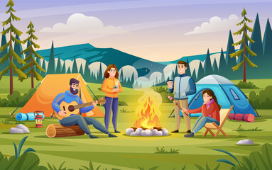 Wall Mural - summer camp concept with people having fun together near the campfire illustration