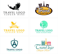 Travel Agency Symbol Logo Design With Various Country Icons Such As The Eiffel Tower, Roman Colosseum, And Bridge Combination A Eagle Bird Animal Vector Illustration