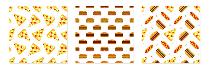 Wall Mural - Set, collection of three vector seamless pattern background with pizza, burgers, hot dogs for fast food design.