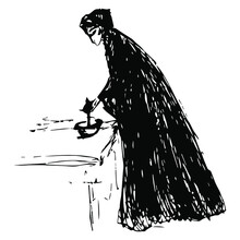Witch Woman Cooking A Potion. Hand Drawn Rough Sketch. Black And White Silhouette.