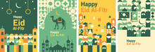 Happy Eid Al FItr Mubarak Poster And Background Template. Book Cover With Geometric Shape, Camel, Mosque, Muslim People. Creative Vector Collection