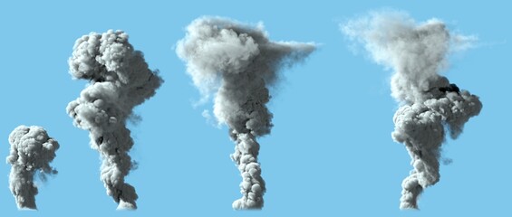 4 images of solid bright smoke column as from volcano or huge industrial explosion - disaster concept, 3d illustration of object