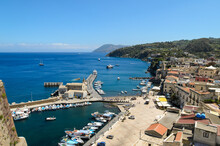 Panorama Top View On City Center And Harbor In Lipari, Aeolian Islands, Sicily, Italy
