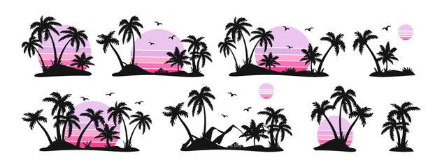 silhouettes of palm trees and pink sun vector. set of palm trees and sunrise vector silhouette. trop