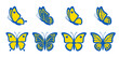 Set of contours of blue yellow monarch butterflies with different wings isolated on a white background. Vector silhouette of butterfly is perfect for patriot sticker, icon and decoration design