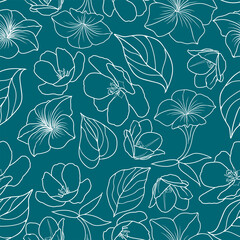 Wall Mural - Floral seamless background. Graphic drawing in light colors on a dark turquoise background.