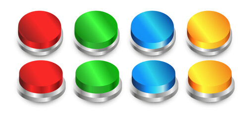 3D shinny glossy circular push button icon collection set with metal frame. Red, green, blue, and yellow colors. On off illustration vector symbol. front perspective view.