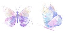 Set Of Two Abstract Butterflies With Beautiful Wings, With Blotches And Splashes On An Isolated White Background. Watercolor Illustration For Designers, Typography, Books, Cards, For Printing Products