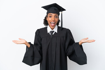 Sticker - Young university graduate African American woman isolated on white background with shocked facial expression