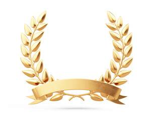 Golden laurel wreath with golden ribbon isolated on white background. Trophy, award, champion concept. 3d rendering