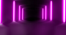 Background In Which Two Neon Rods Of Purple Flowers In The Corridor With Reflection In The Floor
