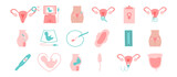 Fototapeta  - Gynecology and obstetrics icons set. Ultrasound, check up, artificial fertilization, gynecological surgery, birth control pills, menstruation. Ultrasound, artificial fertilization, pregnancy, fetus.