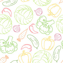 Outline Vegetables Background. Vector Seamless Pattern With Food Icons. Simple Illustration Of Cabbage, Carrot, Cucumber, Onion, Broccoli, Bell Pepper And Chili.